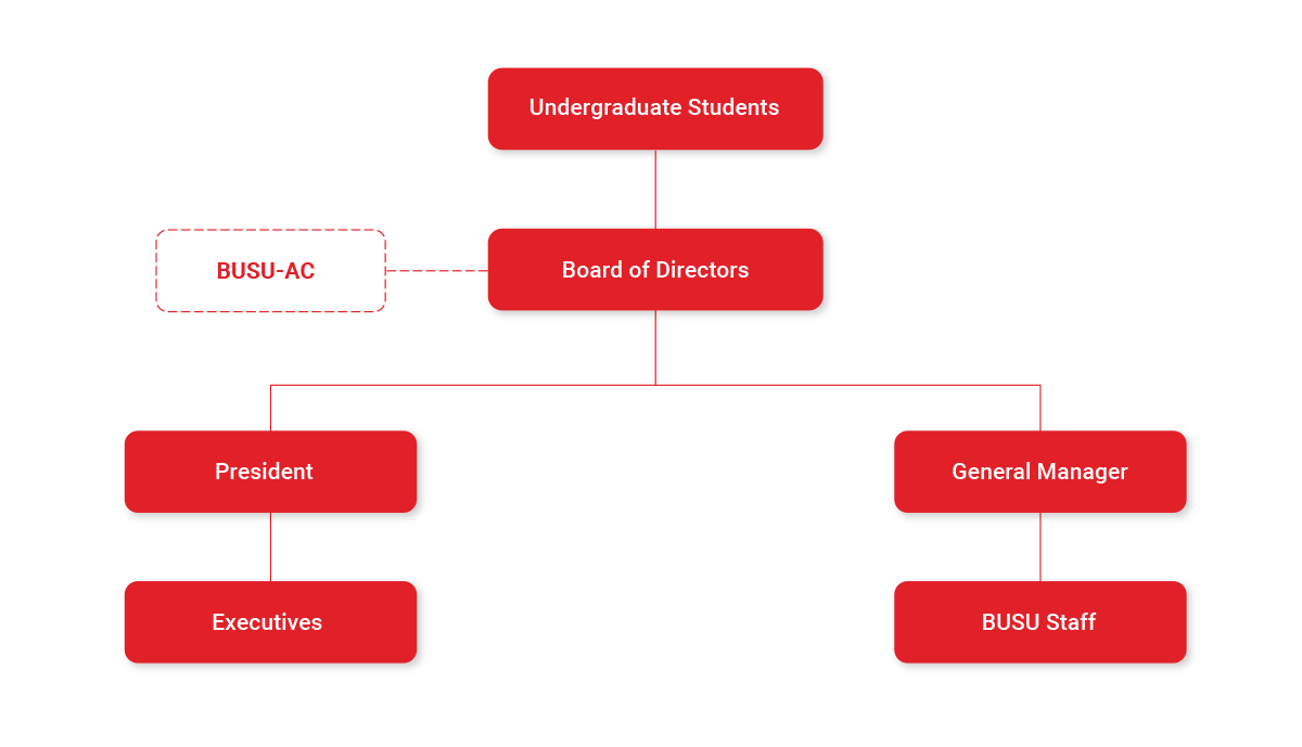 91Ѽ Governance Structure. The Undergraduate Student then Board of Directors, BUSAC off to left side, below Board President and General Manager, below President is Executives, below General Manager 91Ѽ staff